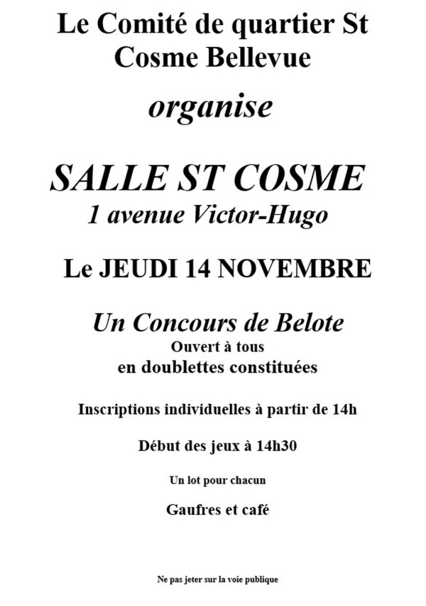 Jeudi 14 novembre : Concours de belote quartier Saint-Cosme à Chalon