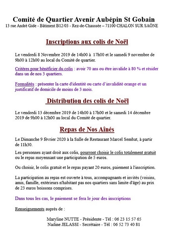 Inscriptions pour les colis de Noël et repas des Anciens du quartier Avenir/Aubépin/St Gobain