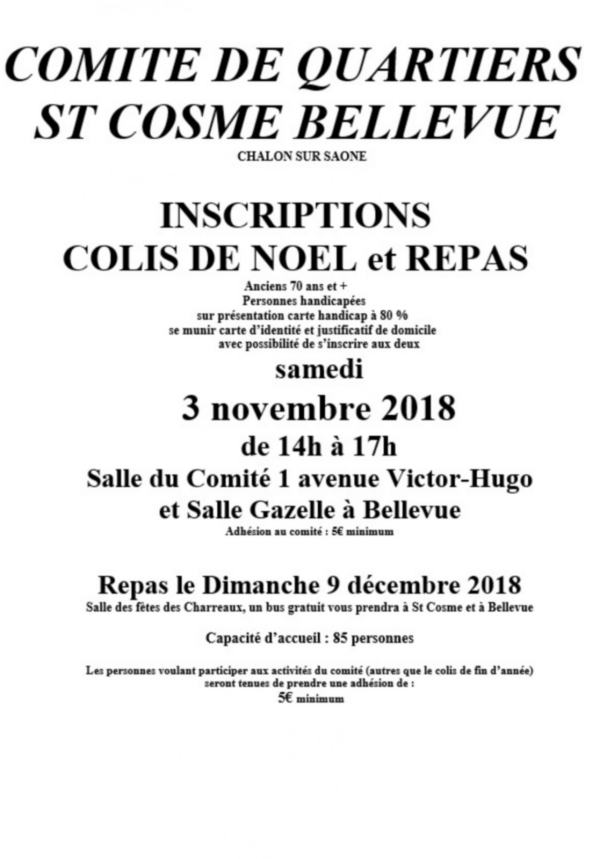 Ce Samedi 3 novembre : Comité St Cosme/Bellevue : Inscriptions colis de Noël et repas