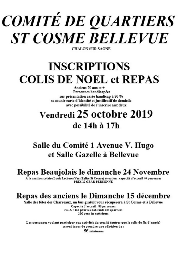 Comité de quartier St Cosme/Bellevue : Inscriptions pour les colis de Noël et repas