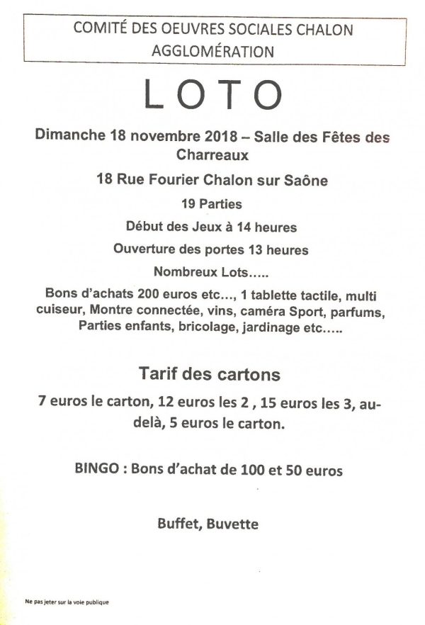 Dimanche 18 novembre : Loto du Comité des Oeuvres Sociales Chalon/Agglomération