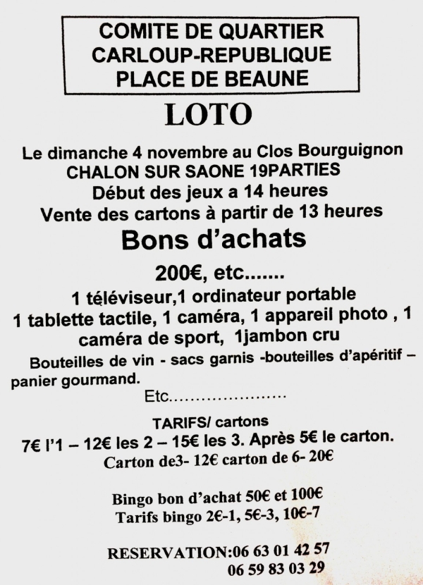 Dimanche 4 novembre : Loto du comité Carloup/République/Place de Beaune