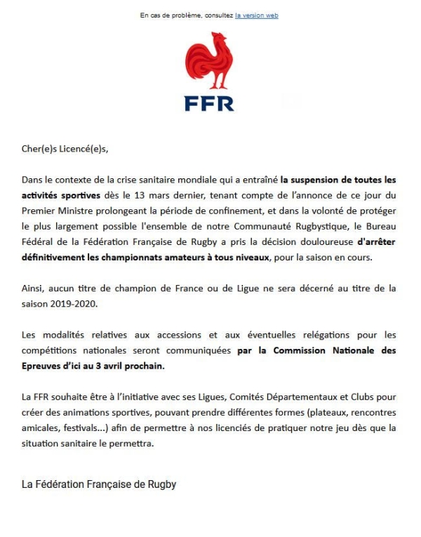 Communiqué de la Fédération Française de Rugby