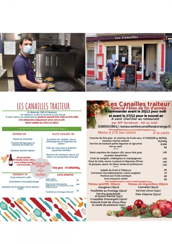 Commandez dès à présent tous les weekends vos menus traiteurs et réservez vos menus de réveillons au restaurant « Les Canailles »