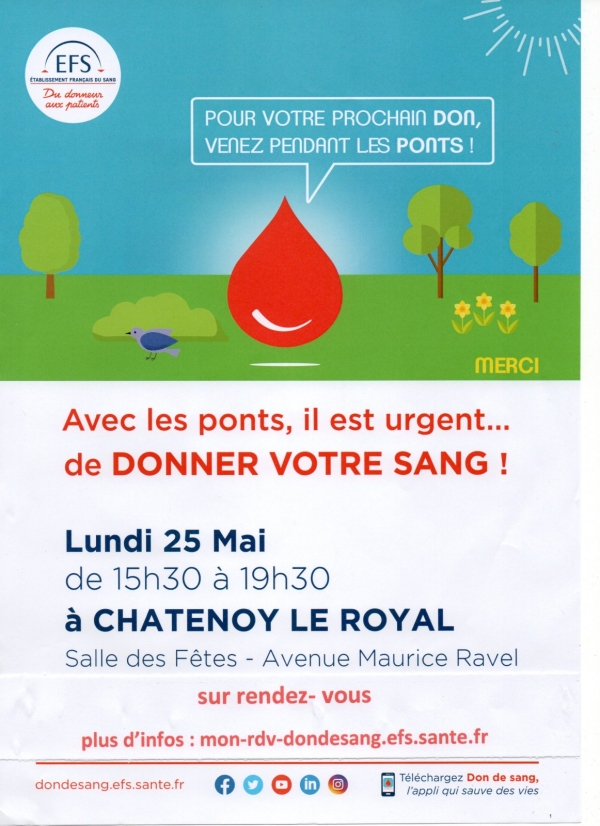 Collecte de sang à Chatenoy-le-Royal, lundi 25 mai 2020 en après-midi