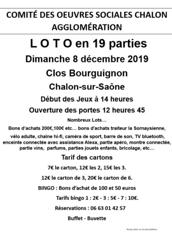 Dimanche 8 décembre : Loto du COSCA de Chalon