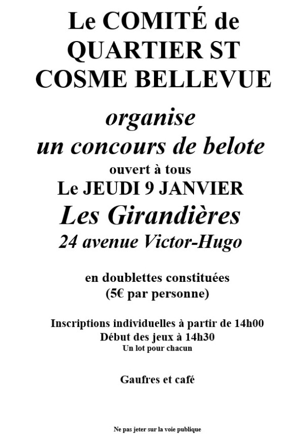 Jeudi 9 Janvier : Concours de belote organisé par le comité de quartier St Cosme/Bellevue