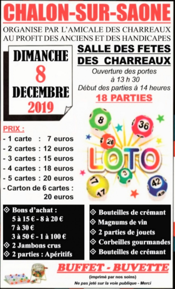 Dimanche 8 décembre : Loto organisé par l'Amicale des Charreaux