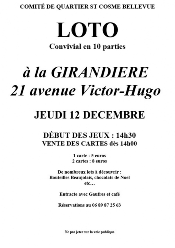 Jeudi 12 décembre : Loto convivial en 10 parties organisé par le comité de quartier St Cosme/Bellevue