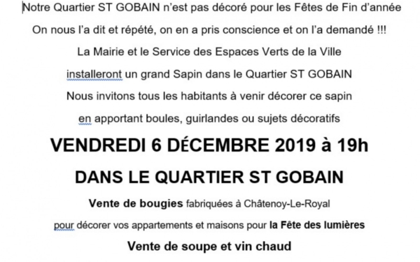 Vendredi 6 décembre à 19h : Venez nombreux décorer le grand sapin au quartier St Gobain