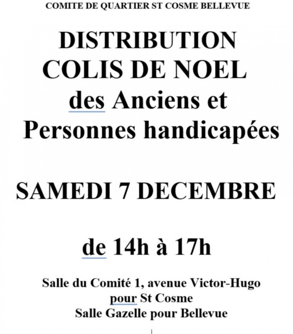 Samedi 7 décembre : Distribution des colis de Noël au quartier St Cosme/Bellevue