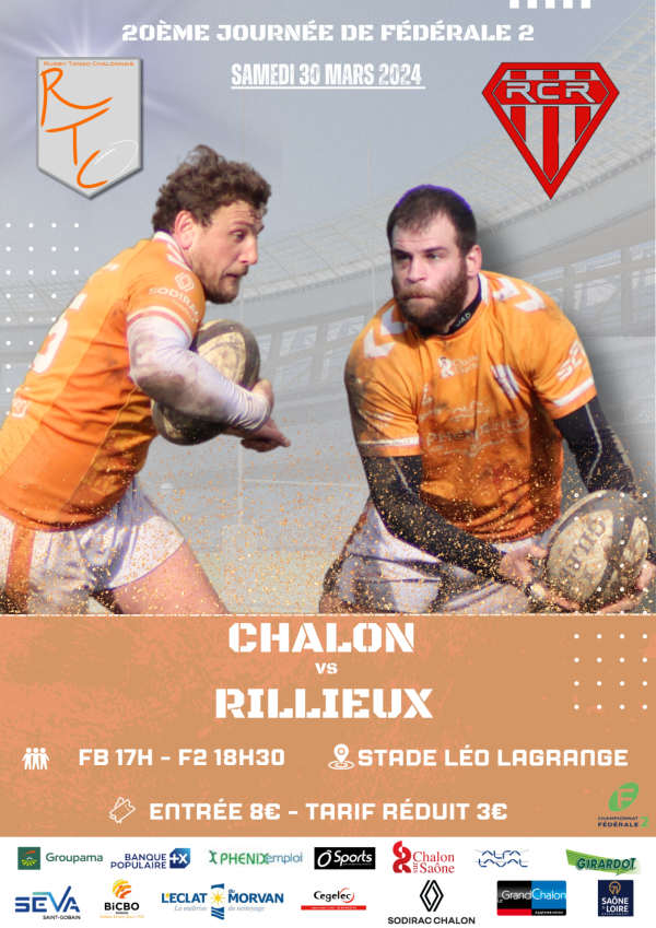Samedi 30 mars à 18 heures 30 en Fédérale 2 : Chalon RTC – RC Rillieux, venez encourager les rugbymans chalonnais 