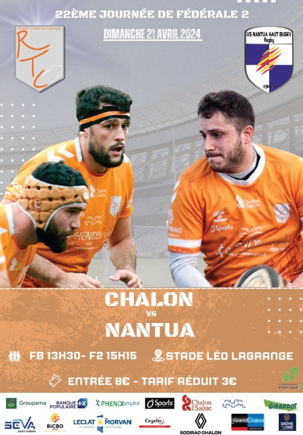 22ème journée de fédérale 2 poule 1, dimanche 21 avril 2024 à 15 heures 15 : Chalon RTC - Nantua, venez encourager les rugbymans chalonnais 