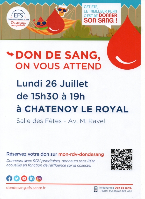 Châtenoy-le-Royal, collecte de sang Lundi 26 Juillet de 15h30 à 19h00 