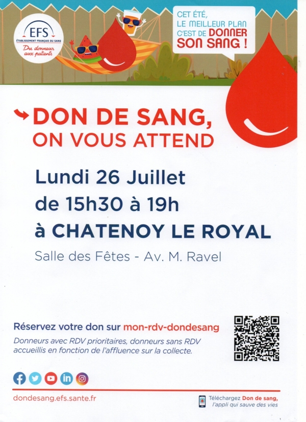 Châtenoy-le-Royal, collecte de sang Lundi 26 Juillet de 15h30 à 19h00