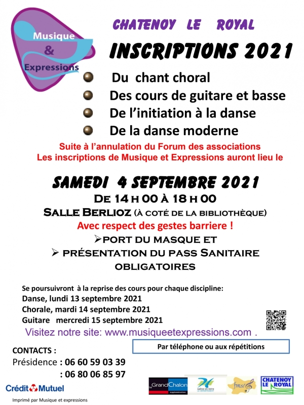 Inscriptions saison 2021/2022 : Musique et expressions sera salle Berlioz samedi 4 Septembre de 14h00 à 18h00.