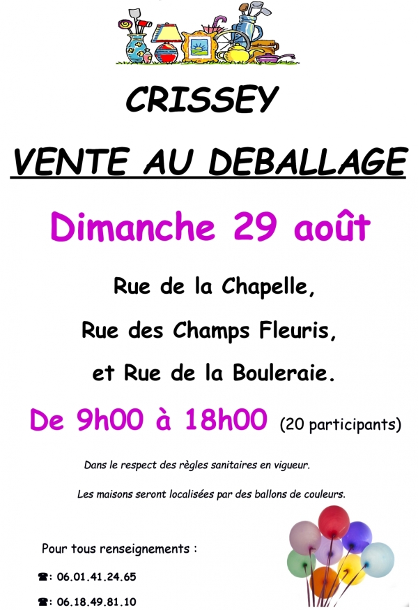  Vente au déballage à  Crissey dimanche 29 août de 9h à 18h 