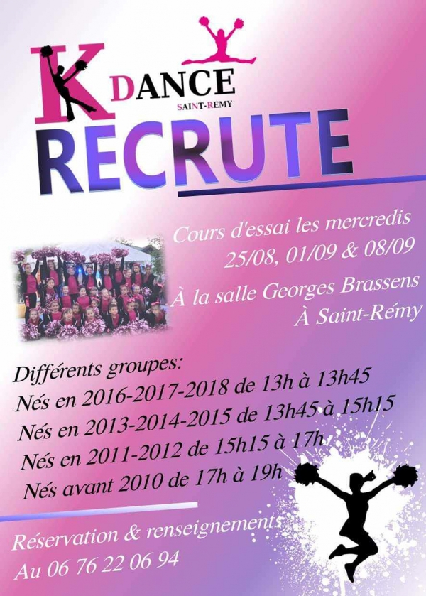L’association K Dance pompons de Saint Rémy propose des cours d’essai le mercredi 8 Septembre à la salle de l’espace Brassens.
