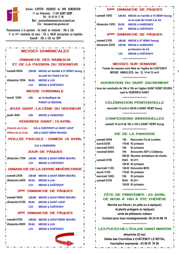 Paroisse du Bon Samaritain : horaires de la Semaine Sainte et des messes dominicales