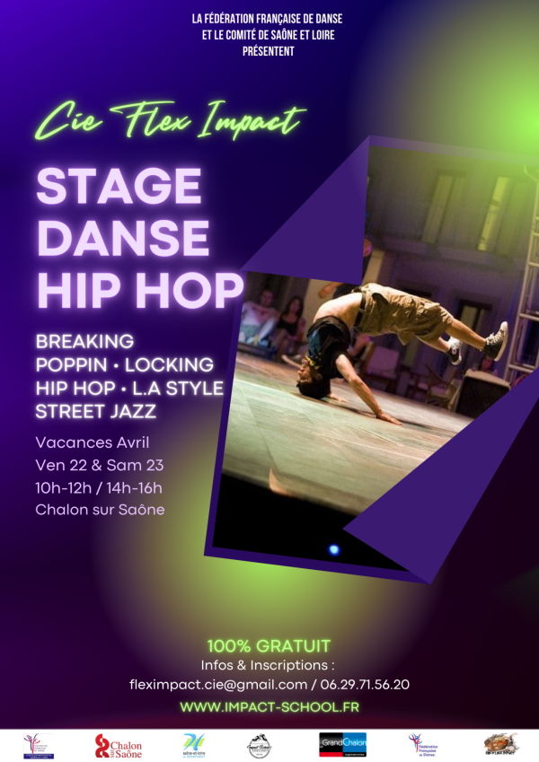 La compagnie Flex Impact en collaboration avec la Fédération Française de Danse organise un stage de danse Hip Hop exceptionnel à Chalon sur Saône, soutenu par la ville de Chalon sur Saône et le Grand Chalon