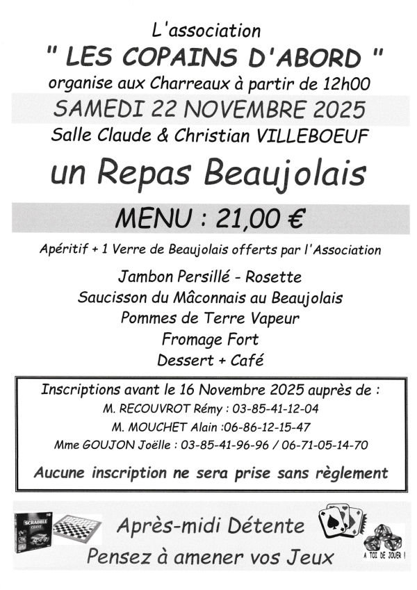 L' Association 'Les copains d'abord' vous invitent à leur repas beaujolais 