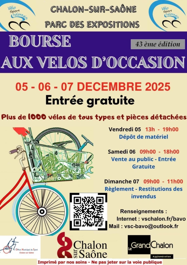 Participez à la grande bourse des vélos d'occasion qui se déroulera le 5,6 et 7 décembre à Chalon-sur-Saône  