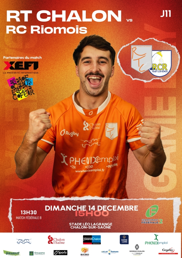 Dimanche 14 décembre 2025 à 15 H, 11ème journée de Fédérale 2 : Chalon RTC - Riom, venez encourager les rugbymans chalonnais 