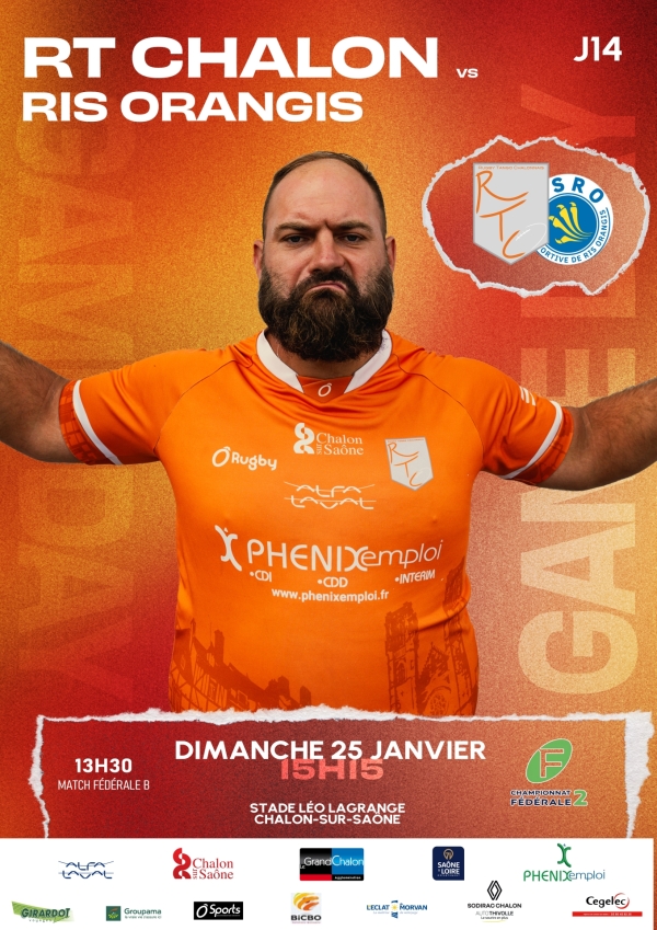 14e journée de fédérale 2 poule 1, dimanche 25 janvier 2026 à 15 heures 15 : Chalon RTC - Ris Orangis, venez encourager les rugbymans chalonnais 