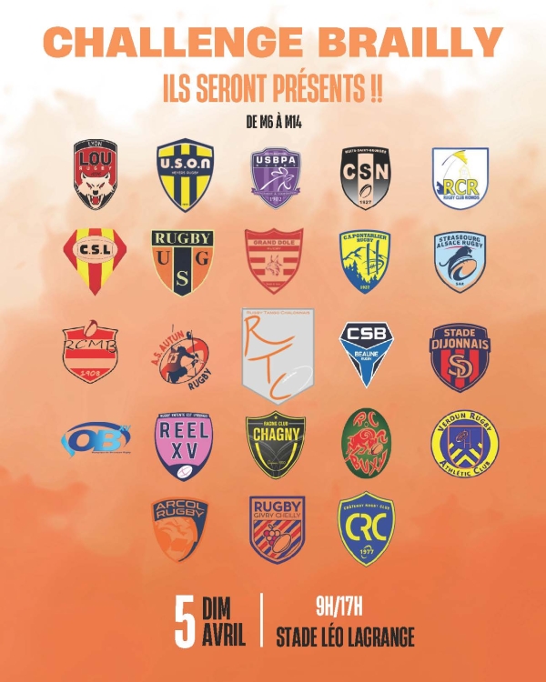 Dimanche 5 avril venez nombreux encourager les jeunes rugbymans chalonnais au 25ème ‘Challenge Louis  Brailly’
