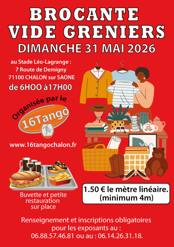 venez nombreux à la brocante (vide grenier) organisée par le 16 tango 