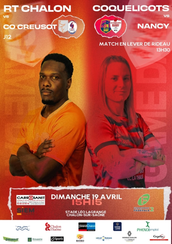 Dimanche 19 Avril 2026 à 15 h 15 en Fédérale 2 : Chalon RTC - Le Creusot C.O, venez encourager les rugbymans chalonnais 