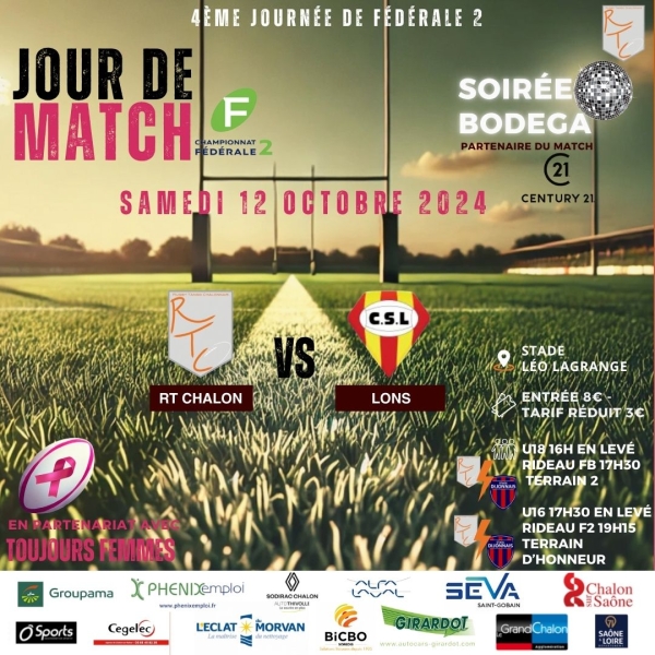 4ème journée de fédérale 2 poule 1, samedi 12 octobre à 19 heures 15 : Chalon RTC – Lons-le-Saunier, venez encourager les rugbymans chalonnais 