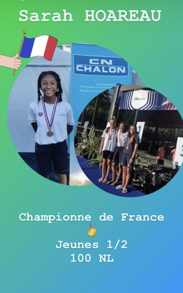La chalonnaise Sarah Hoareau (12 ans) du CNC Championne de France du 100 mètres nage libre catégorie jeunes à Pau  
