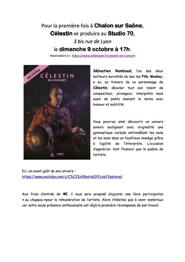 Le dimanche 9 octobre à 17 heures au Studio 70 venez nombreux assister au concert de Célestin 
