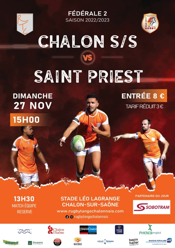 Dimanche 27 Novembre en Fédérale 2 : Chalon RTC – Saint Priest, venez encourager les rugbymans chalonnais 