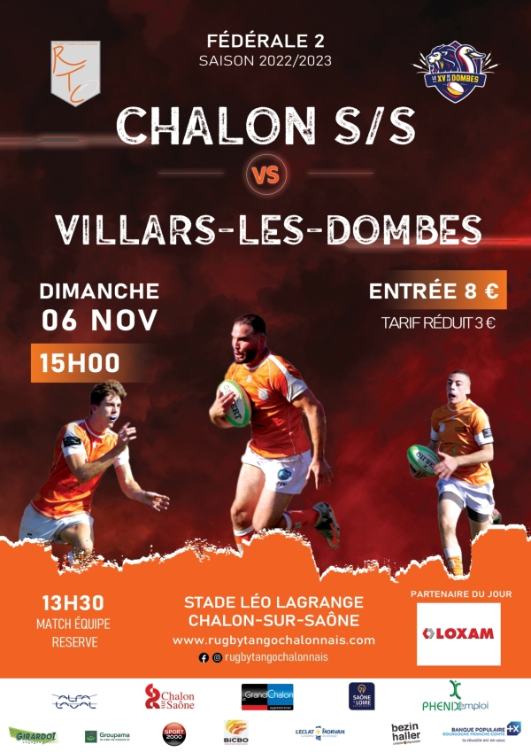 Dimanche 6 Novembre en Fédérale 2 : Chalon RTC - Villars- les-Dombes, venez encourager les rugbymans chalonnais 