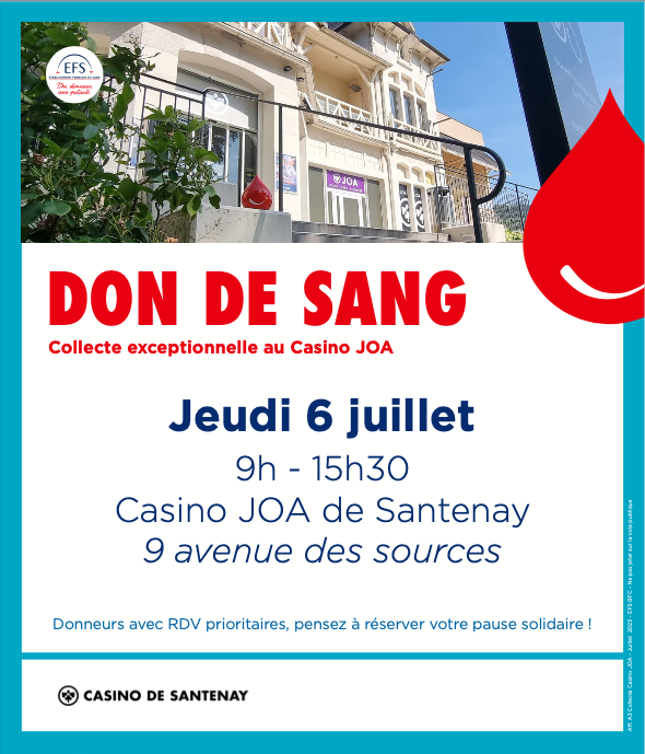 En 1 h, vous pouvez sauver 3 vies : collecte de don de sang au Casino de Santenay, jeudi 6 juillet