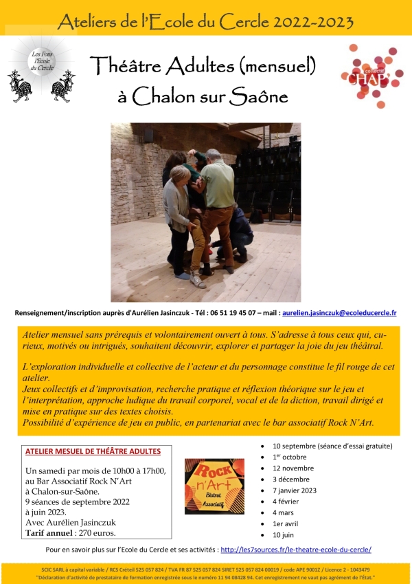 Atelier de l'école du Cercle ouvre des cours de théâtre adultes à Chalon sur Saône à partir du 10 septembre 2022 au Bar Associatif Rock N'Art