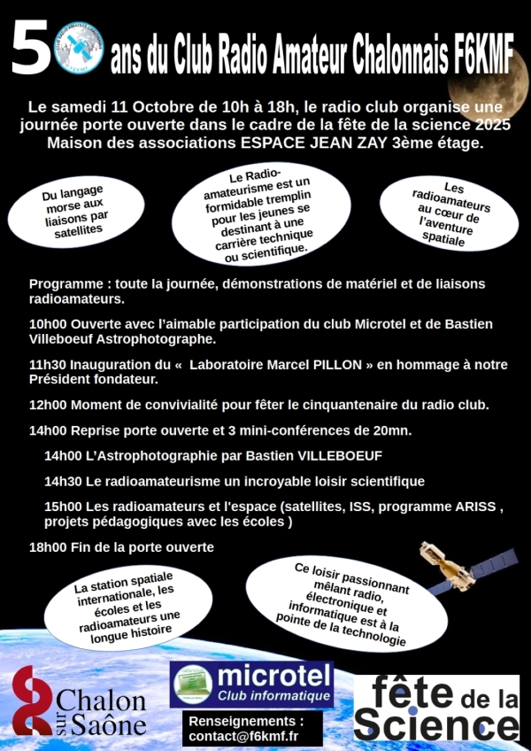 Le club radio amateur Chalonnais fête son cinquantenaire : Porte ouverte et inauguration du "Laboratoire Marcel Pillon" au 3ème étage de l’espace Jean Zay samedi 11 octobre.