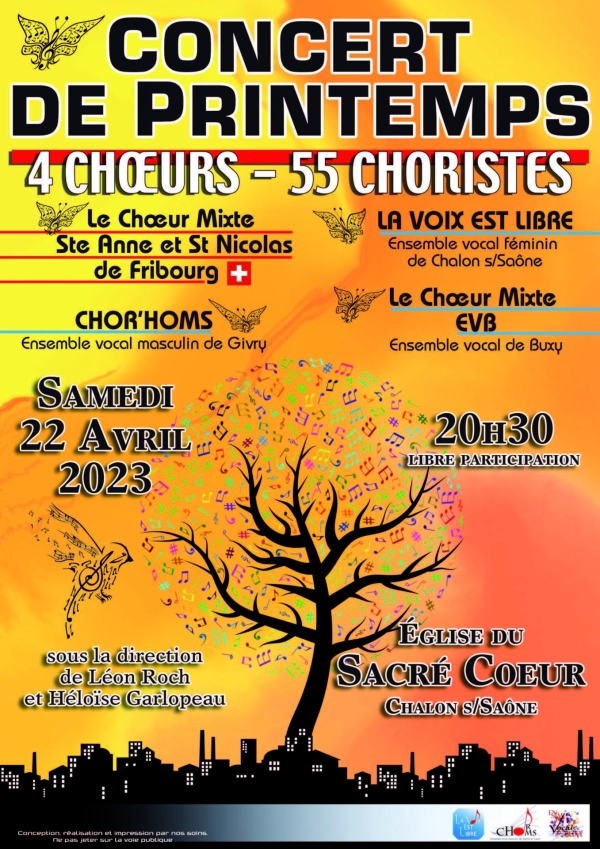 La Chorale mixte St Anne et St Nicolas de Fribourg (Suisse), LA VOIX EST LIBRE , CHOR’HOMS et l'Ensemble Vocal de Buxy en concert à l'église du Sacré Coeur de Chalon sur Saône le samedi 22 avril à 20h30