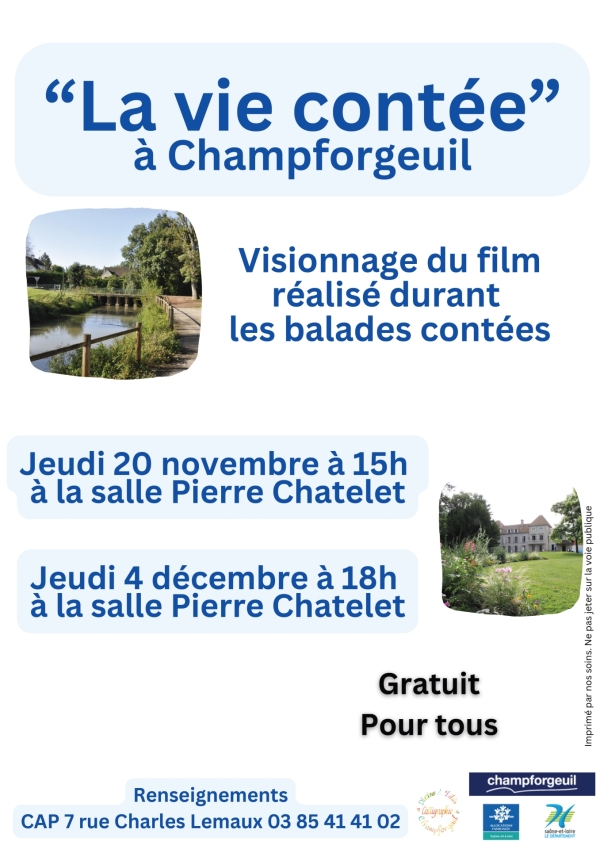 Champforgeuil : Visionnage du film réalisé durant les balades contées Jeudi 20 novembre à 15h et Jeudi 4 décembre à 18h à la salle Pierre Chatelet.