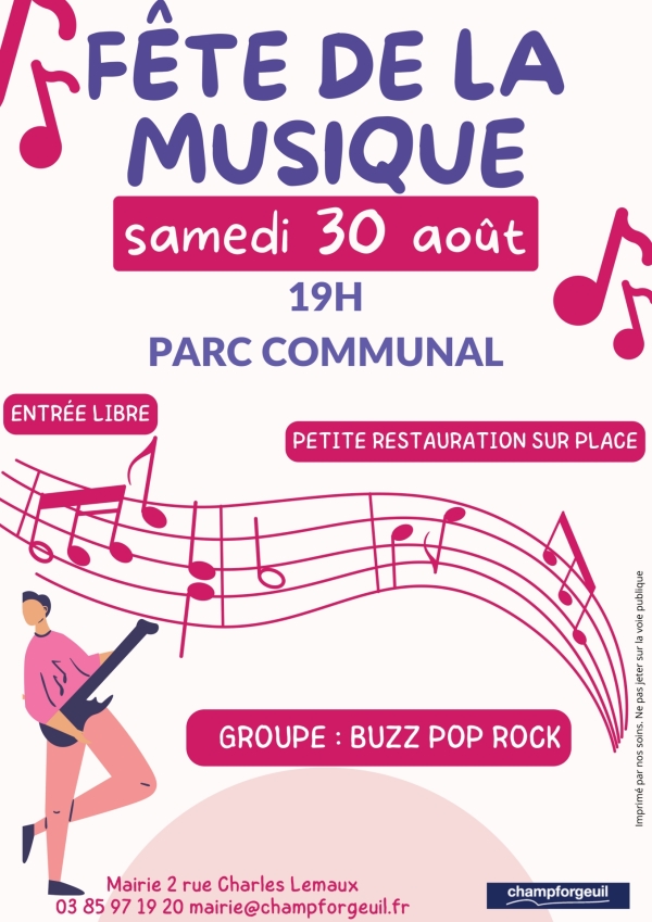 Fête de la musique samedi 30 août Parc communal de Champforgeuil à partir de 19h00.