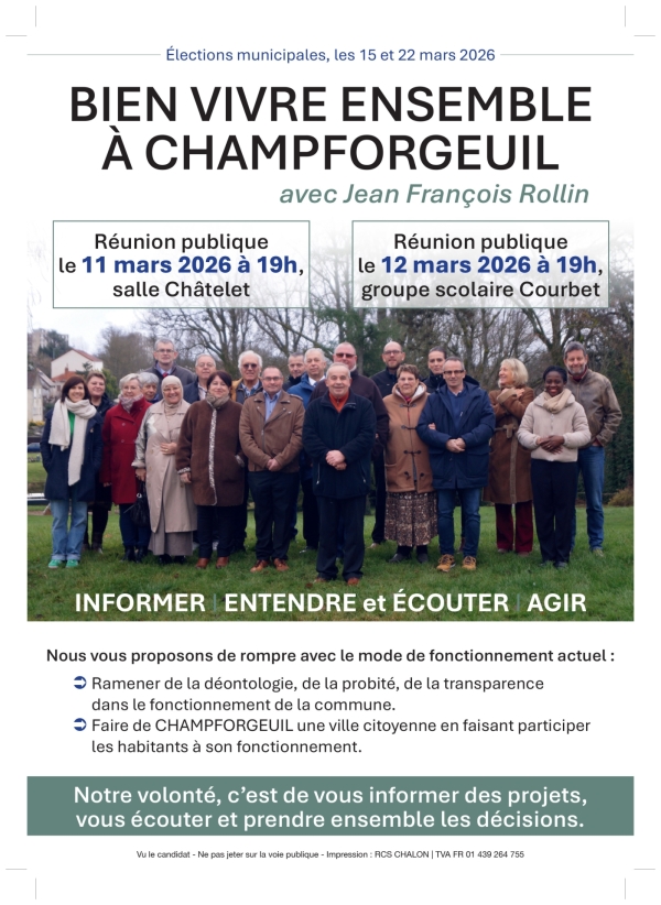 MUNICIPALES 2026_ CHAMPFORGEUIL - Jean-François Rollin et la liste "Bien Vivre Ensemble à Champforgeuil" en réunion publique les 11 et 12 mars  à 19h00.