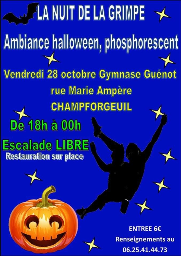 La nuit de la grimpe aura lieu le vendredi 28 octobre de 18h00 à minuit au gymnase Guénot rue Marie Ampère à Champforgeuil 