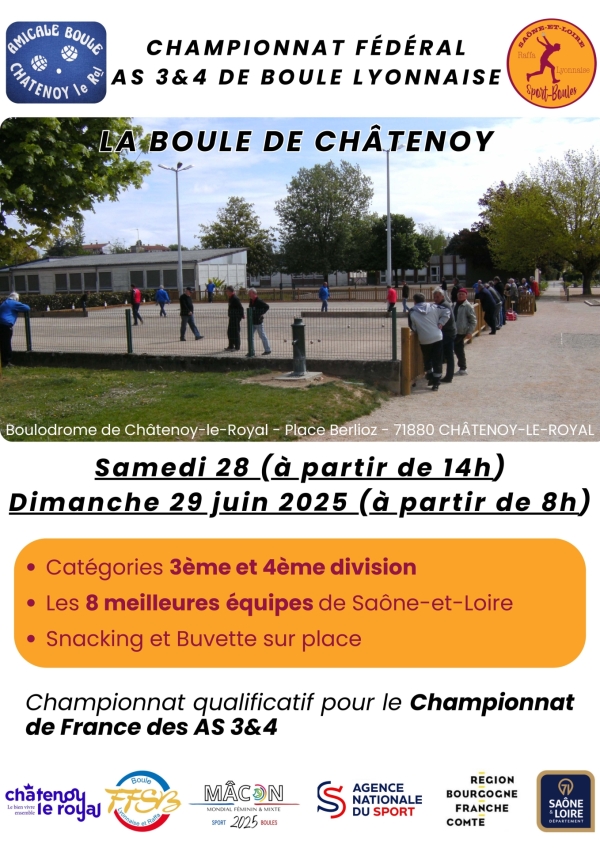 Championnat Fédéral des Associations Sport Boule du département : qualificatif pour le Championnat de France Samedi 28 & Dimanche 29 juin 2025 au Boulodrome Berlioz à Châtenoy le Royal