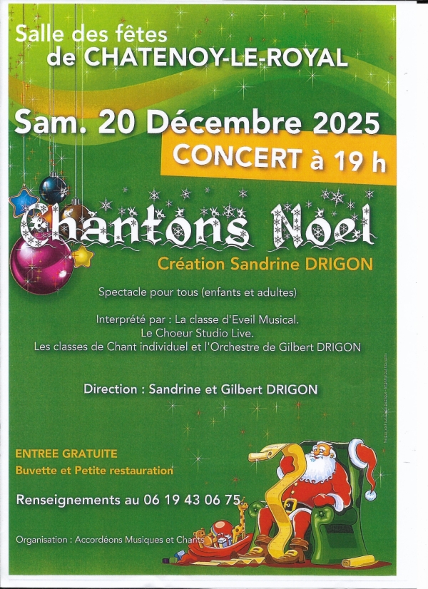 "Chantons Noël", concert gratuit organisé par "Accordéons Musiques et Chants" samedi 20 décembre 2025 à 19h00 à la salle Maurice Ravel de Châtenoy le Royal.