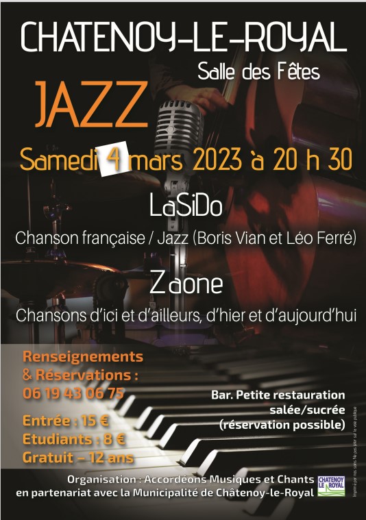 Concert jazz à la salle des fêtes de Châtenoy le Royal samedi 4 mars à 20h30 avec  le groupe La SiDo et le groupe Zaone