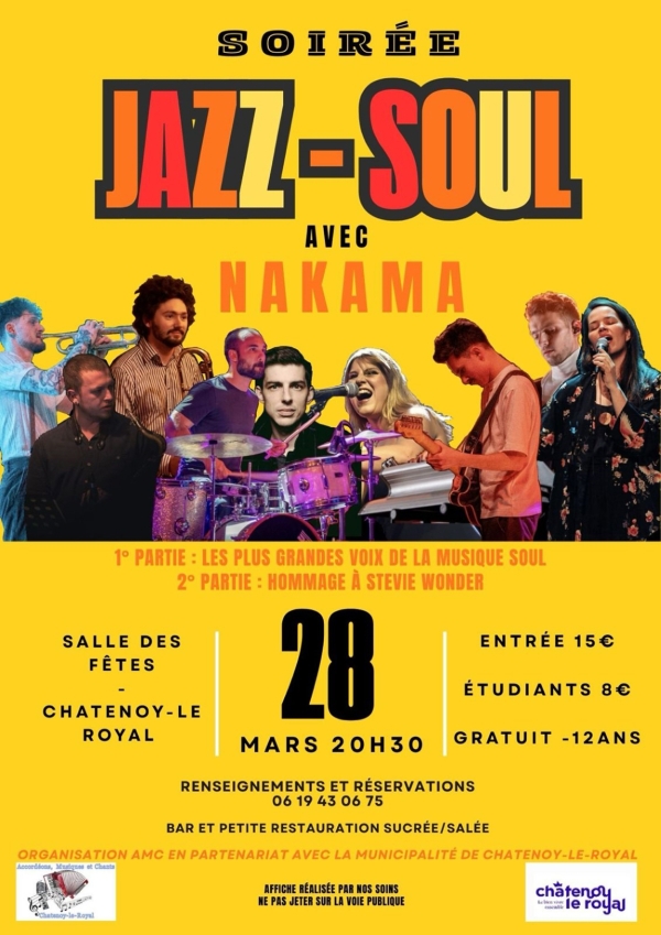 Soirée Jazz-Soul avec "Nakama" samedi 28 mars 2026 à 20h30 salle des fêtes Maurice Ravel. 