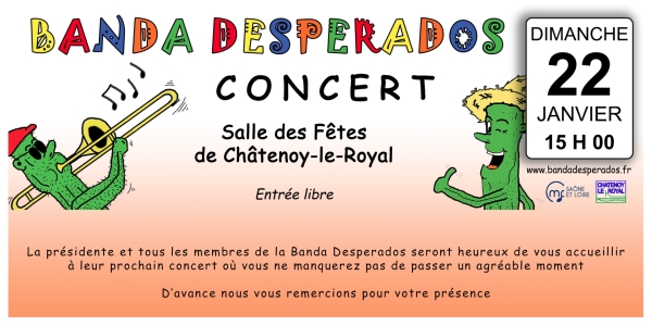 Après la soirée paëlla du 21 janvier, l’Harmonie/Banda Desperados en concert ce dimanche 22 janvier 2023 à 15h00 à la salle Maurice Ravel de Châtenoy le Royal.