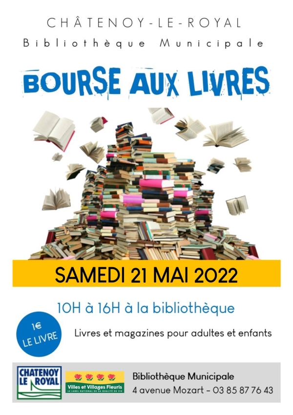 1€ le livre, c'est le prix à payer à la bourse aux livres organisée par la Bibliothèque municipale de Châtenoy le Royal samedi 21 mai de 10h00 à 16h00.